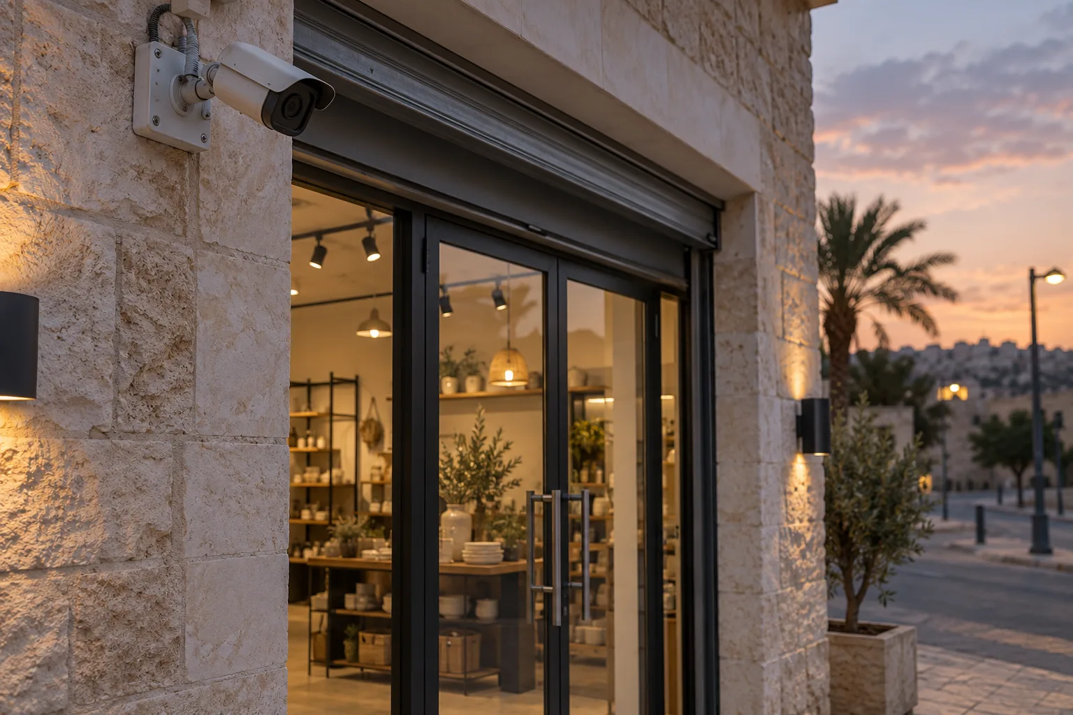 מצלמת אבטחה מעל כניסת זכוכית לחנות בשעת ערב