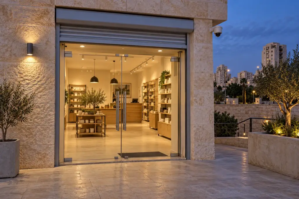 חזית חנות עם דלת זכוכית, תריס גלילה מורם ומצלמת אבטחה