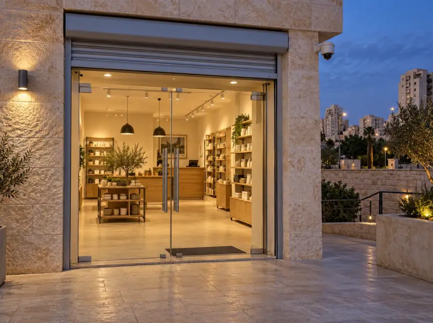 חזית חנות עם דלת זכוכית, תריס גלילה מורם ומצלמת אבטחה